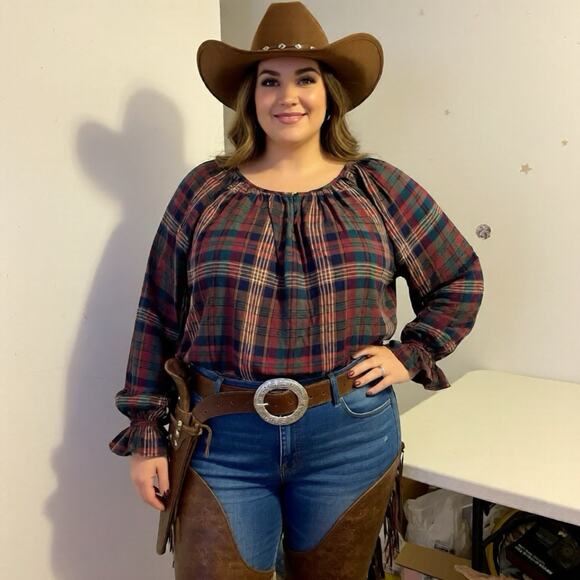 Chaps Women's Blouse Cotton 3X Multicolor Plaid Balloon Sleeve Holiday Western - Picture 1 of 9